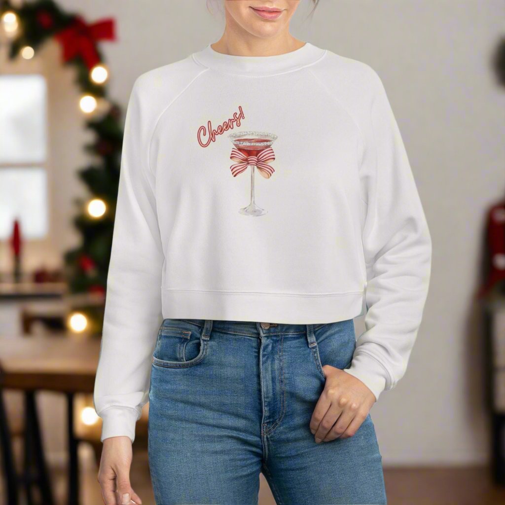 Cheers! Holiday Cocktail with a Festive Bow - Cozy Raglan Sweatshirt