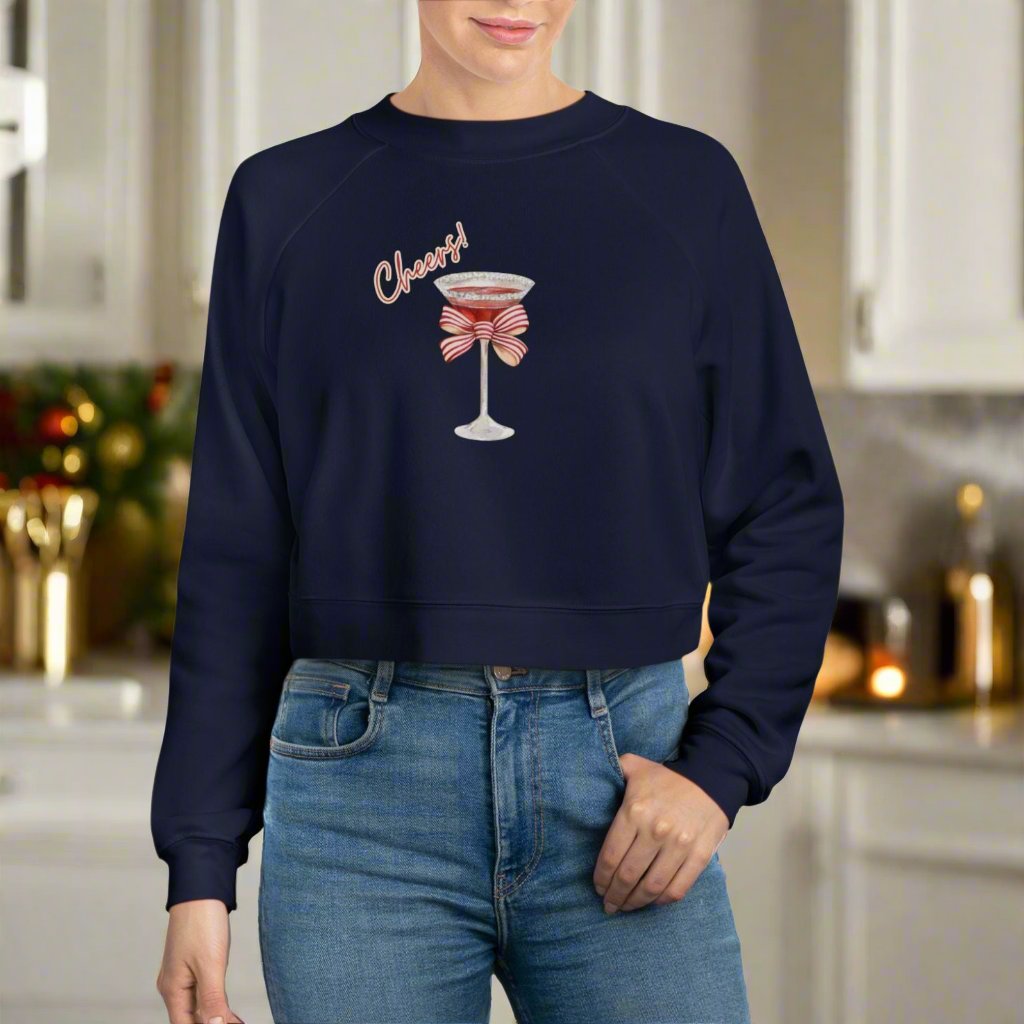 Cheers! Holiday Cocktail with a Festive Bow - Cozy Raglan Sweatshirt